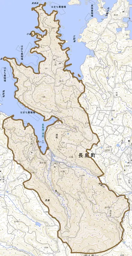 浦底とその周辺の地図。町の範囲を重ねている