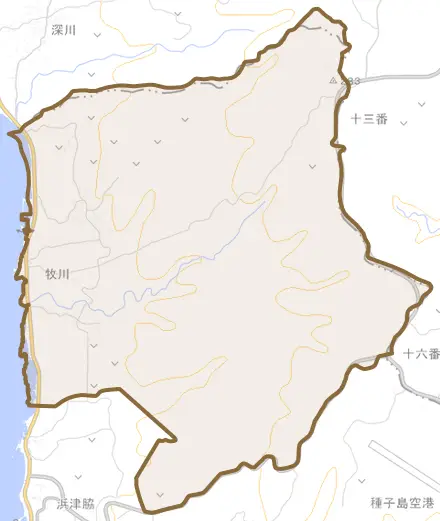牧川とその周辺の地図。町の範囲を重ねている