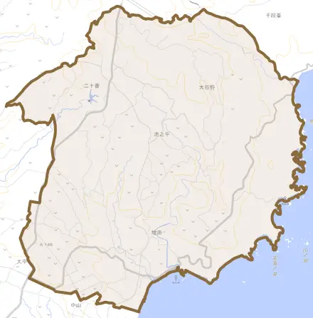 増田とその周辺の地図。町の範囲を重ねている