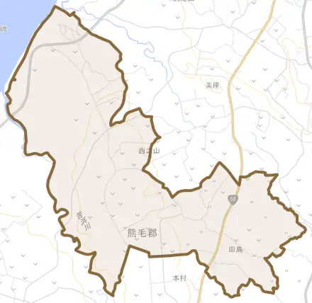 田島とその周辺の地図。町の範囲を重ねている