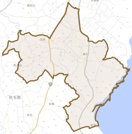 油久とその周辺の地図。町の範囲を重ねている
