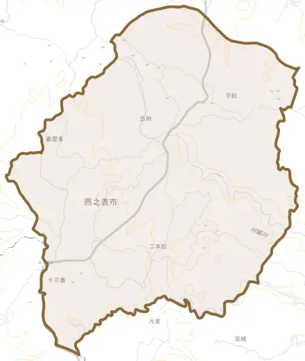 古田とその周辺の地図。町の範囲を重ねている