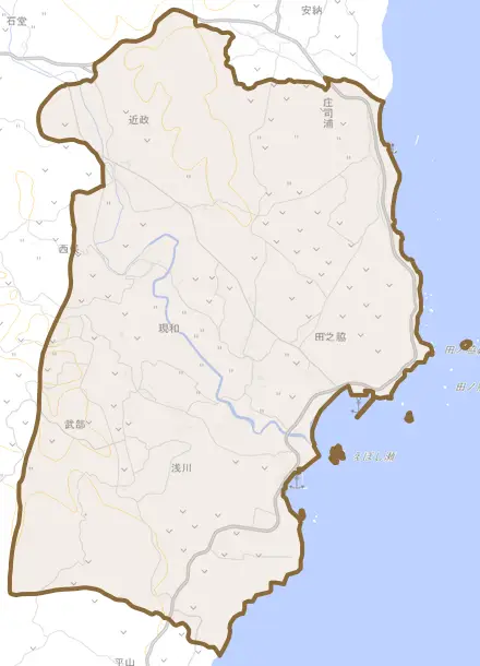 現和とその周辺の地図。町の範囲を重ねている
