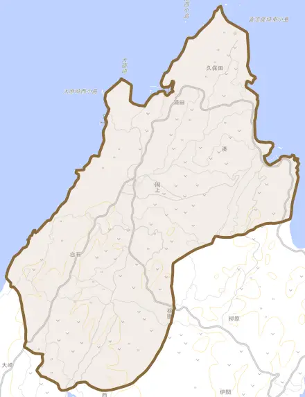国上とその周辺の地図。町の範囲を重ねている