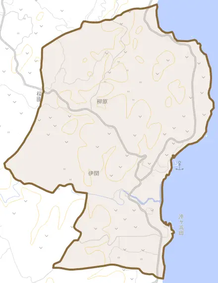 伊関とその周辺の地図。町の範囲を重ねている