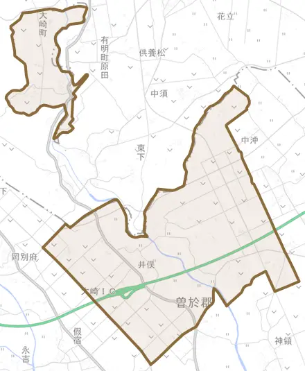 井俣とその周辺の地図。町の範囲を重ねている