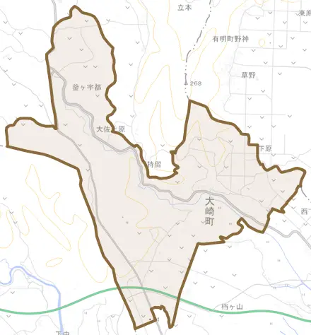 持留とその周辺の地図。町の範囲を重ねている
