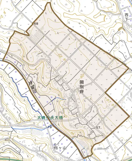 岡別府とその周辺の地図。町の範囲を重ねている