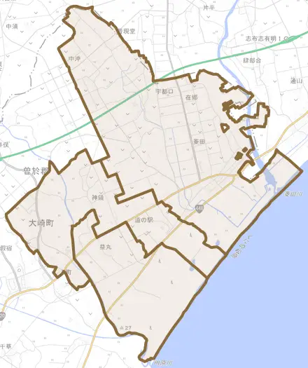 神領とその周辺の地図。町の範囲を重ねている