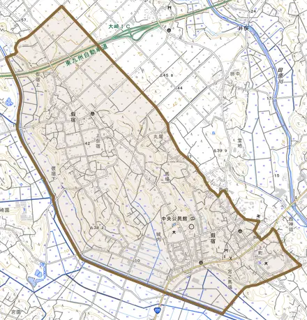 仮宿とその周辺の地図。町の範囲を重ねている