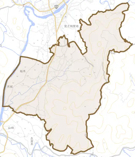 船木とその周辺の地図。町の範囲を重ねている