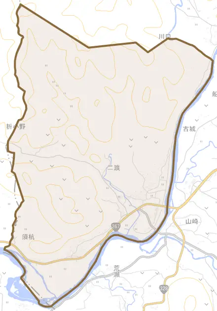 二渡とその周辺の地図。町の範囲を重ねている