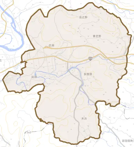 広瀬とその周辺の地図。町の範囲を重ねている