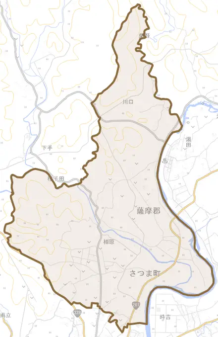 柏原とその周辺の地図。町の範囲を重ねている
