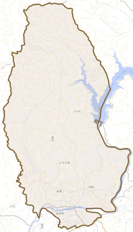 神子とその周辺の地図。町の範囲を重ねている