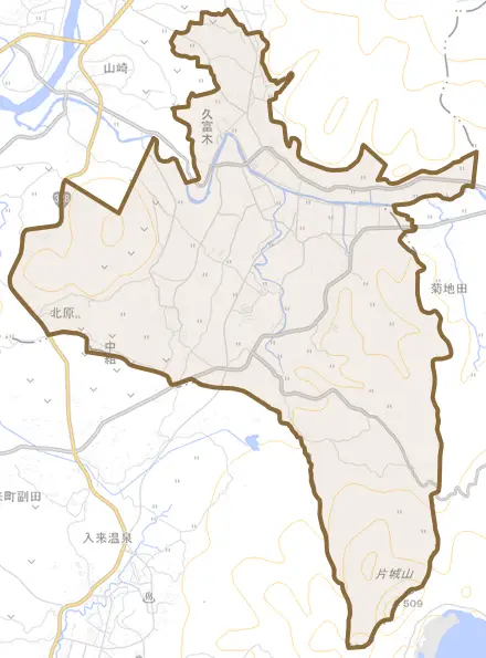 久富木とその周辺の地図。町の範囲を重ねている