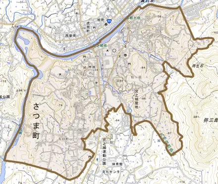 宮之城屋地とその周辺の地図。町の範囲を重ねている