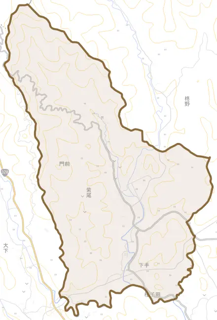 紫尾とその周辺の地図。町の範囲を重ねている