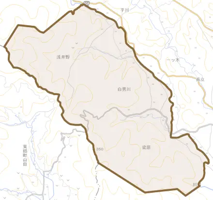 白男川とその周辺の地図。町の範囲を重ねている