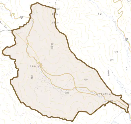 泊野とその周辺の地図。町の範囲を重ねている