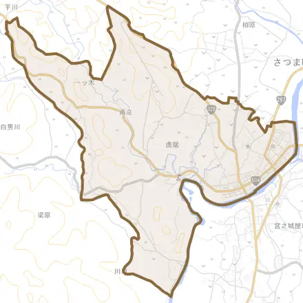 虎居とその周辺の地図。町の範囲を重ねている