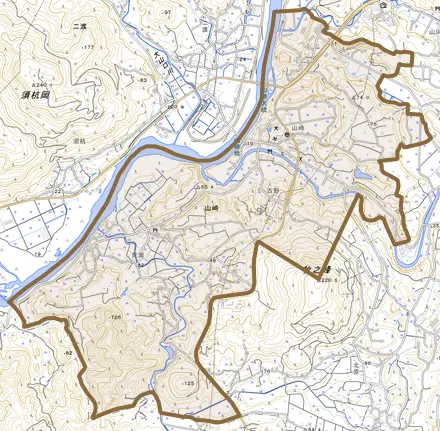 山崎とその周辺の地図。町の範囲を重ねている
