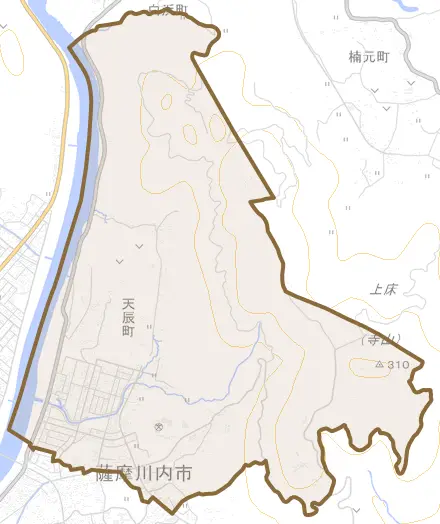 天辰町とその周辺の地図。町の範囲を重ねている
