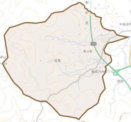 青山町とその周辺の地図。町の範囲を重ねている