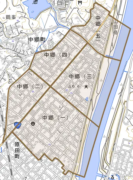 中郷とその周辺の地図。町の範囲を重ねている