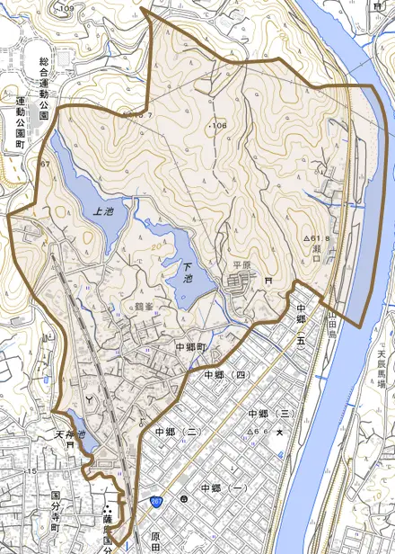 中郷町とその周辺の地図。町の範囲を重ねている
