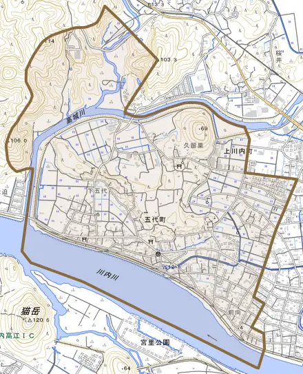 五代町とその周辺の地図。町の範囲を重ねている
