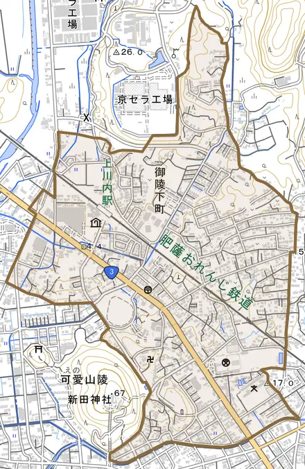 御陵下町とその周辺の地図。町の範囲を重ねている