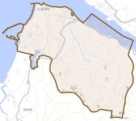 久見崎町とその周辺の地図。町の範囲を重ねている