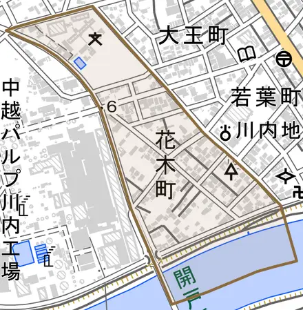 花木町とその周辺の地図。町の範囲を重ねている