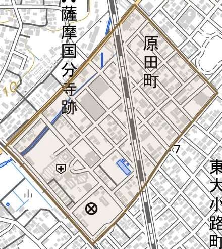 原田町とその周辺の地図。町の範囲を重ねている