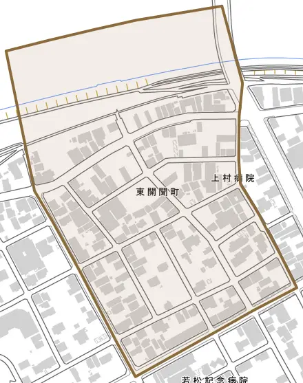 東開聞町とその周辺の地図。町の範囲を重ねている