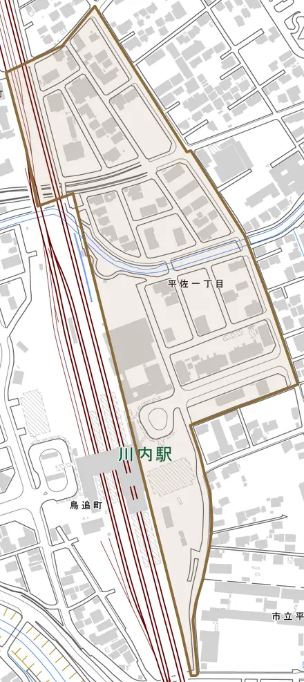 平佐とその周辺の地図。町の範囲を重ねている