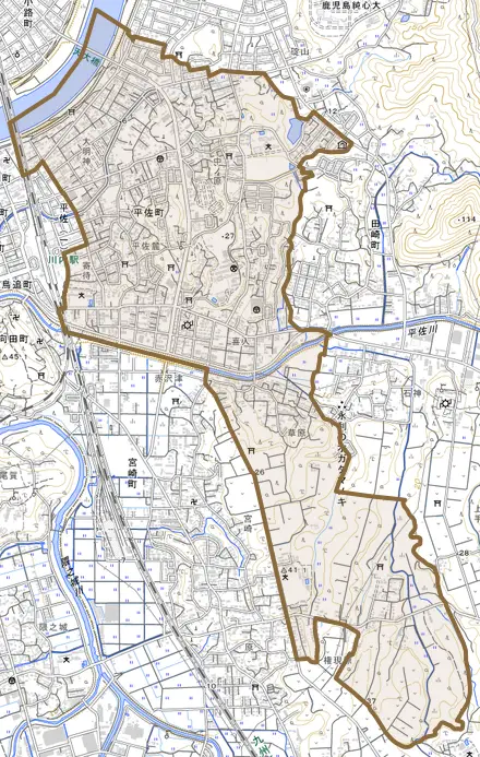 平佐町とその周辺の地図。町の範囲を重ねている