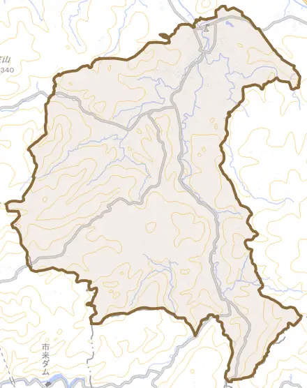 樋脇町市比野とその周辺の地図。町の範囲を重ねている