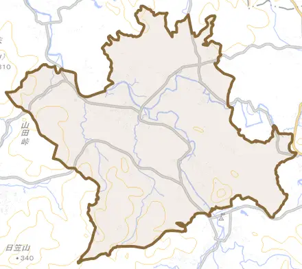樋脇町塔之原とその周辺の地図。町の範囲を重ねている