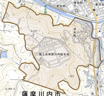 冷水町とその周辺の地図。町の範囲を重ねている