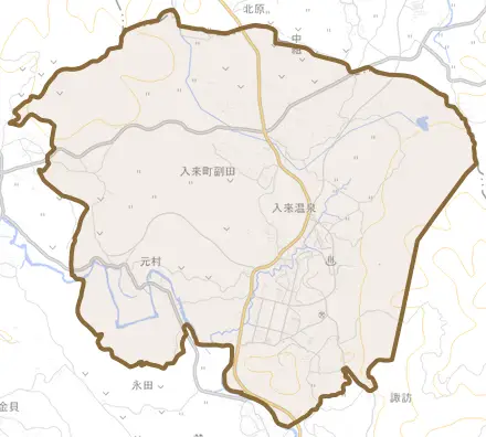 入来町副田とその周辺の地図。町の範囲を重ねている