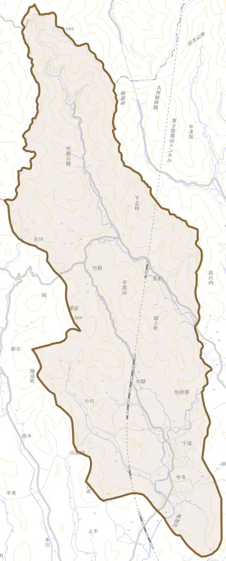 城上町とその周辺の地図。町の範囲を重ねている