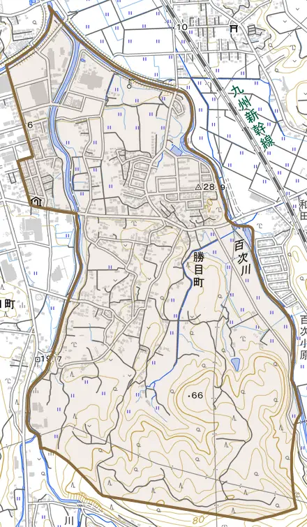勝目町とその周辺の地図。町の範囲を重ねている