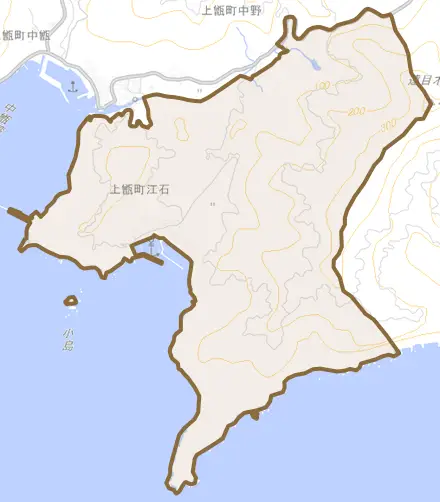 上甑町江石とその周辺の地図。町の範囲を重ねている