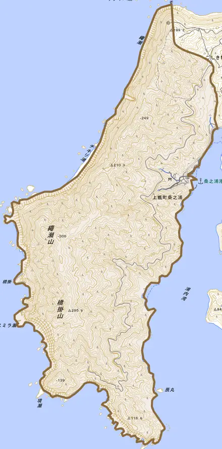 上甑町桑之浦とその周辺の地図。町の範囲を重ねている