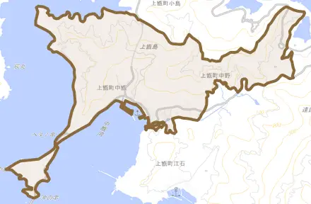 上甑町中甑とその周辺の地図。町の範囲を重ねている