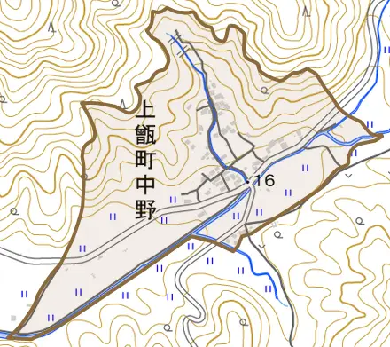 上甑町中野とその周辺の地図。町の範囲を重ねている