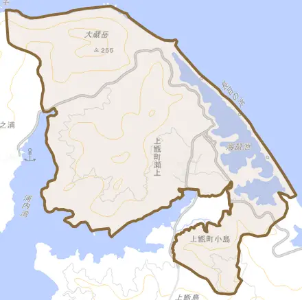 上甑町瀬上とその周辺の地図。町の範囲を重ねている