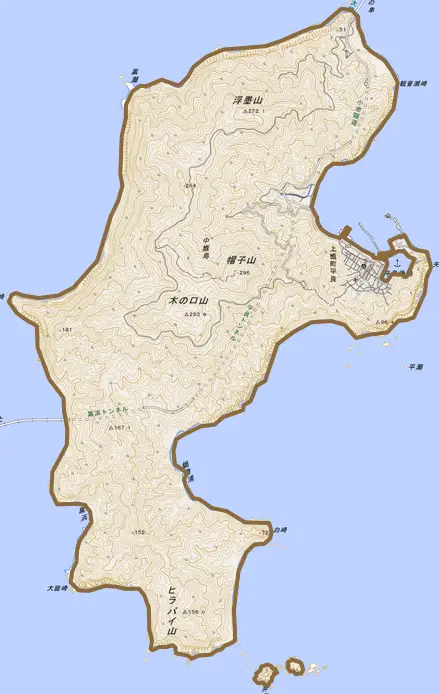 上甑町平良とその周辺の地図。町の範囲を重ねている